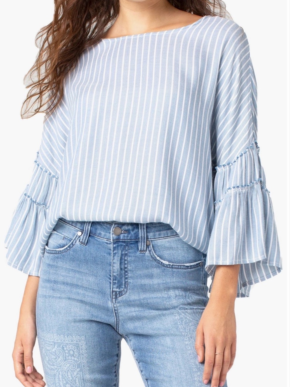 Liverpool ruffle sleeves top in Blue/white stripes Size M